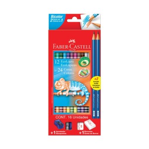 Lápis de Cor Faber-Castell Bicolor Kit Escolar 24 Cores + Apontador + Borracha + 2 Lápis Grafite Redondo