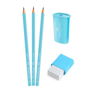 Kit Faber-Castell Tons Pastel Azul – 3 Lápis Grafite + Apontador + Borracha