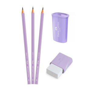 Kit Faber-Castell Tons Pastel Lilás – 3 Lápis Grafite + Apontador + Borracha