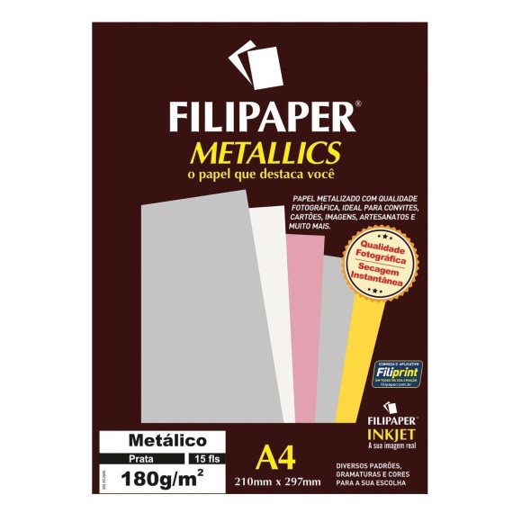 Papel Especial Metálico Prata A4 180g/m² - 15 folhas - Filipaper