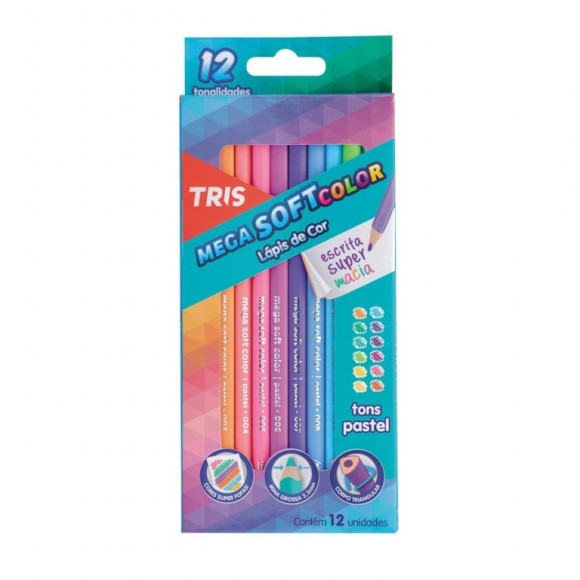 Lápis de Cor 12 Cores - Tons Pastel - Mega Soft Color - Tris