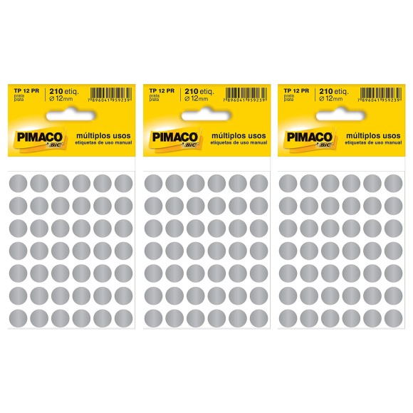 Etiqueta para Identificação Colorida 12mm - Kit com 3 Cartelas - Prata - Pimaco