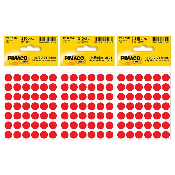 Etiqueta para Identificação Colorida 12mm - Kit com 3 Cartelas - Vermelha - Pimaco