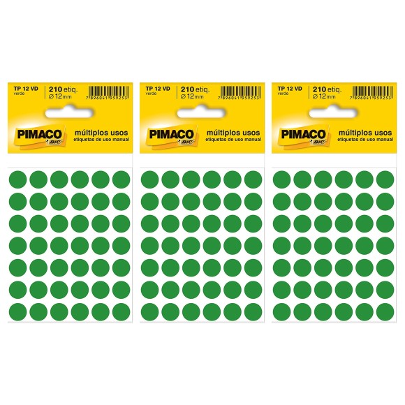 Etiqueta para Identificação Colorida 12mm - Kit com 3 Cartelas - Verde - Pimaco