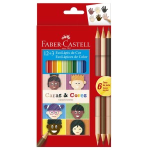 Lápis de Cor Faber-Castell 12 Cores + 3 Bicolor Caras e Cores (Tons de Pele)  (18 Cores)